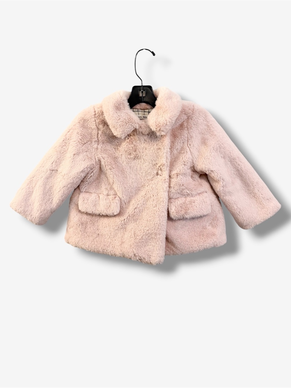 Zara Baby 12-18M Blush Pink Faux Fur Coat Plaid Lined Collared Jacket